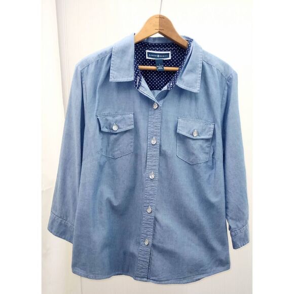 Karen Scott denim colored cotton button-front blouse. Size large - Picture 1 of 3